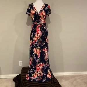 Navy floral stretch maxi with tie waist